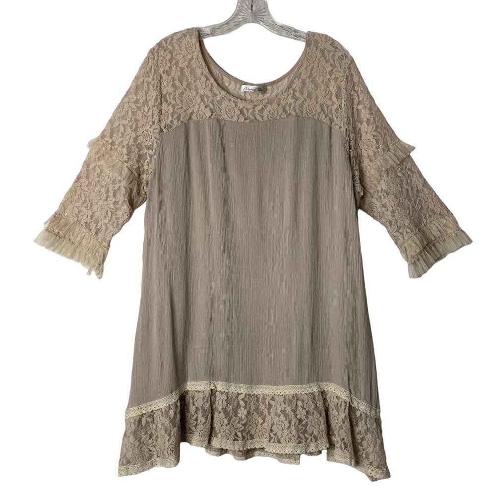Paisley Vine Taupe Lined 3/4 Sleeve Ruffle Lace Dress or Tunic Women’s Size 2XL